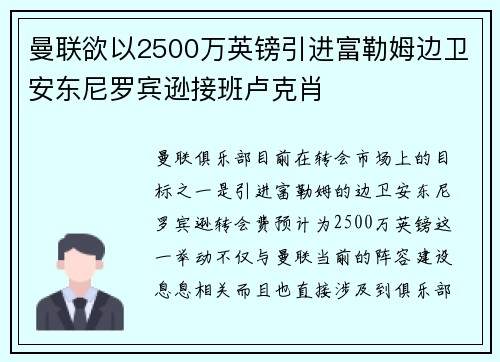 曼联欲以2500万英镑引进富勒姆边卫安东尼罗宾逊接班卢克肖